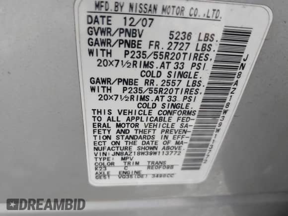 2009 Nissan Murano SL with VIN JN8AZ18W39W113772, listed as a IAAI auction lot 42067004 with 206,732 mi miles and . Bid and sale history available at DreamBid. Image 9.