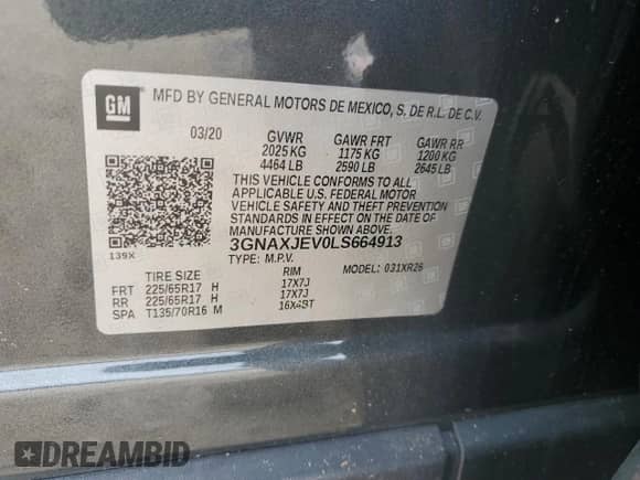 2020 Chevrolet Equinox LT with VIN 3GNAXJEV0LS664913, listed as a Copart auction lot 65806265 with Not provided miles and Non repairable. Bid and sale history available at DreamBid. Image 13.