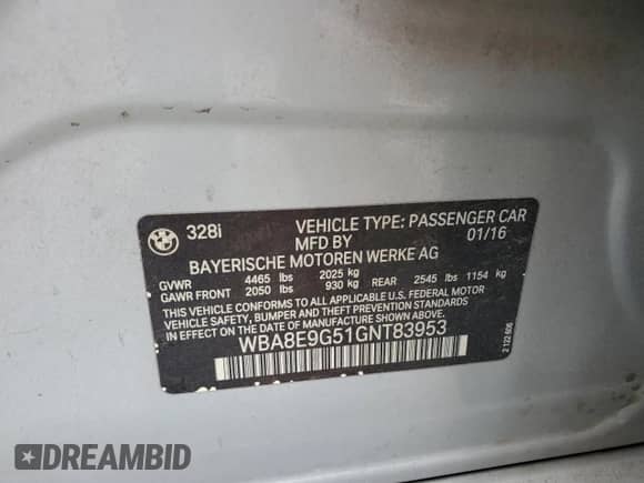 2016 BMW 3 Series 328i with VIN WBA8E9G51GNT83953, listed as a Copart auction lot 84411655 with 194,760 mi miles and Non repairable. Bid and sale history available at DreamBid. Image 12.