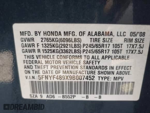 2009 Honda Pilot Touring with VIN 5FNYF489X9B007452, listed as a IAAI auction lot 43262557 with 206,355 mi miles and . Bid and sale history available at DreamBid. Image 9.