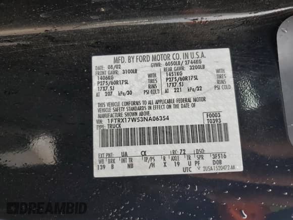 2003 Ford F-150 XL with VIN 1FTRX17W53NA06354, listed as a Copart auction lot 86512885 with 73,534 mi miles and Salvage title. Bid and sale history available at DreamBid. Image 12.