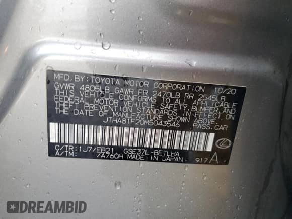 2021 Lexus IS 300 with VIN JTHA81F20M5043546, listed as a Copart auction lot 59564445 with 60,471 mi miles and Salvage title. Bid and sale history available at DreamBid. Image 13.