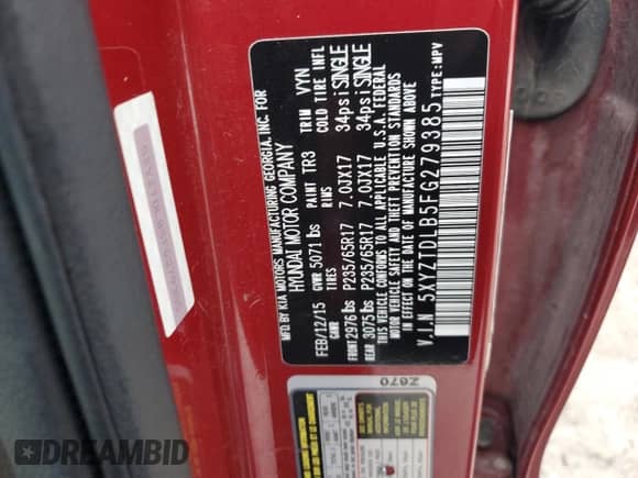 2015 Hyundai Santa Fe z VIN 5XYZTDLB5FG279385, wystawiony jako Copart lot #54991345 z przebiegiem 140 204 mil mil oraz Szkoda całkowita • Salvage title. Historia ofert i sprzedaży dostępna na DreamBid. Obrazek 12.
