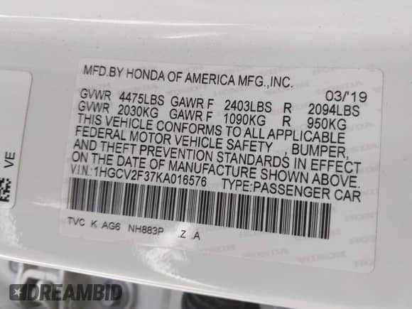 2019 Honda Accord Sport with VIN 1HGCV2F37KA016576, listed as a IAAI auction lot 42077393 with 72,047 mi miles and . Bid and sale history available at DreamBid. Image 9.