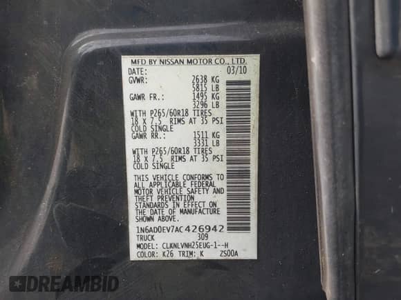 2010 Nissan Frontier Pro-4X с VIN 1N6AD0EV7AC426942, выставлен на аукционе IAAI как лот 42400841 с пробегом Не указан миль и . История ставок и продаж доступна на DreamBid. Изображение 9.