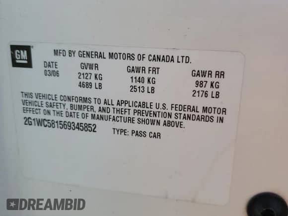 2006 Chevrolet Impala LT 3.9L with VIN 2G1WC581569345852, listed as a Copart auction lot 62908705 with 127,361 mi miles and Salvage title. Bid and sale history available at DreamBid. Image 12.