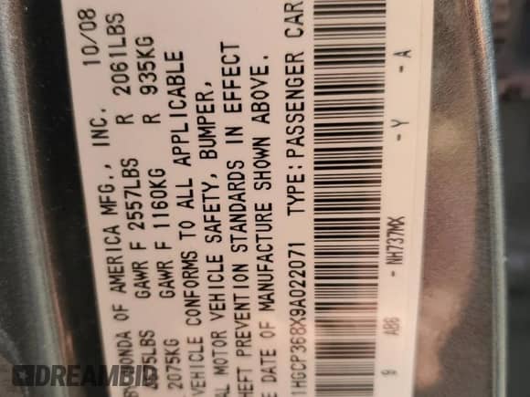 2009 Honda Accord EX-L with VIN 1HGCP368X9A022071, listed as a Copart auction lot 68477795 with 162,360 mi miles and Salvage title. Bid and sale history available at DreamBid. Image 12.