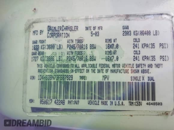 2003 Dodge Durango Sport z VIN 1D4HS38N73F587929, wystawiony jako IAAI lot #42835817 z przebiegiem Nie podano mil oraz . Historia ofert i sprzedaży dostępna na DreamBid. Obrazek 9.