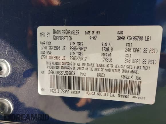 2007 Dodge 1500 SLT z VIN 1D7HU18227J588853, wystawiony jako IAAI lot #42574330 z przebiegiem 162 500 mil mil oraz . Historia ofert i sprzedaży dostępna na DreamBid. Obrazek 9.