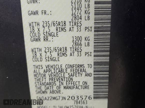 2018 Nissan Murano SL z VIN 5N1AZ2MG7JN203576, wystawiony jako Copart lot #80369445 z przebiegiem 65 393 mil mil oraz Szkoda całkowita • Salvage title. Historia ofert i sprzedaży dostępna na DreamBid. Obrazek 12.