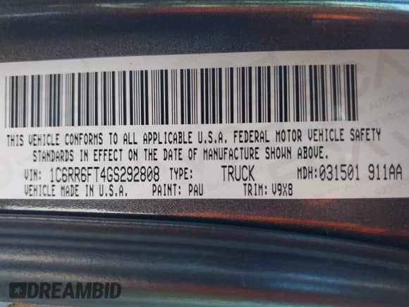 2016 Ram 1500 Express with VIN 1C6RR6FT4GS292808, listed as a IAAI auction lot 42237529 with 109,581 mi miles and . Bid and sale history available at DreamBid. Image 9.