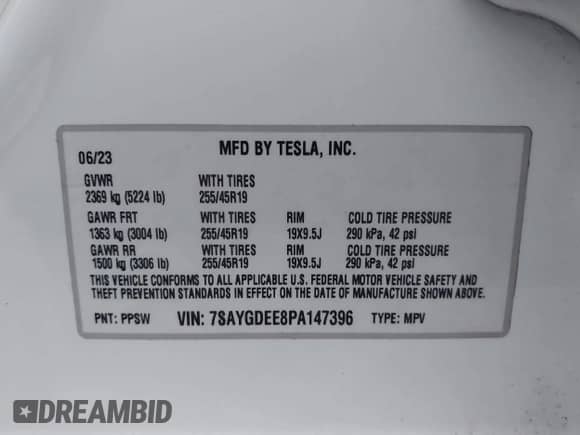 2023 Tesla Model Y Long Range with VIN 7SAYGDEE8PA147396, listed as a IAAI auction lot 43437271 with 24,608 mi miles and . Bid and sale history available at DreamBid. Image 9.