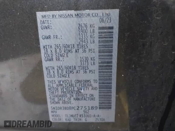 2023 Nissan Pathfinder Rock Creek with VIN 5N1DR3BD8PC275189, listed as a IAAI auction lot 41039839 with 50,058 mi miles and . Bid and sale history available at DreamBid. Image 9.