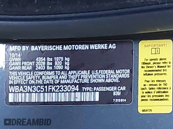 2015 BMW 4 Series 428i с VIN WBA3N3C51FK233094, выставлен на аукционе IAAI как лот 42412314 с пробегом 127 330 миль миль и . История ставок и продаж доступна на DreamBid. Изображение 9.