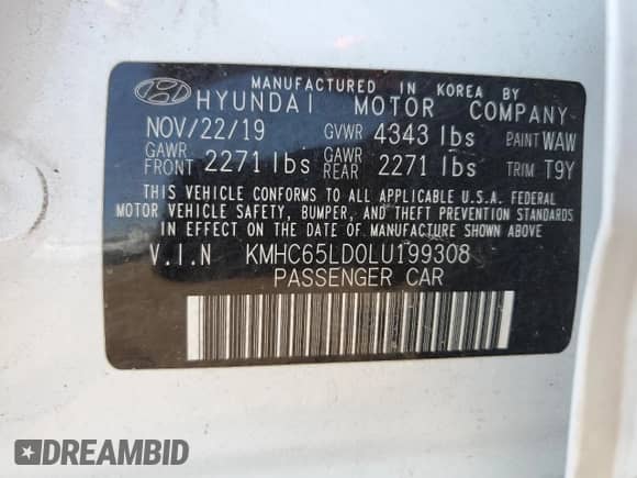 2020 Hyundai Ioniq SE with VIN KMHC65LD0LU199308, listed as a Copart auction lot 65118353 with 18,362 mi miles and . Bid and sale history available at DreamBid. Image 12.