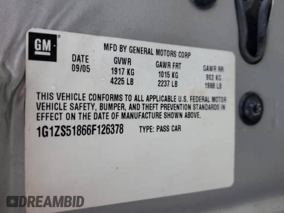 2006 Chevrolet Malibu 1FL z VIN 1G1ZS51866F126378, wystawiony jako Copart lot #56990475 z przebiegiem 227 156 mil mil oraz Nie do naprawy • Non repairable. Historia ofert i sprzedaży dostępna na DreamBid. Obrazek 13.