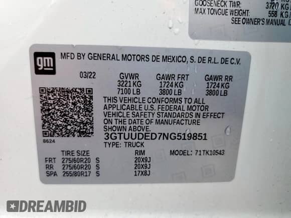 2022 GMC Sierra 1500 SLT with VIN 3GTUUDED7NG519851, listed as a Copart auction lot 60278625 with 50,610 mi miles and Salvage title. Bid and sale history available at DreamBid. Image 13.