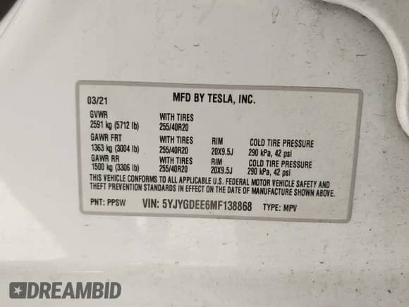 2021 Tesla Model Y Long Range with VIN 5YJYGDEE6MF138868, listed as a IAAI auction lot 43401839 with 134,786 mi miles and . Bid and sale history available at DreamBid. Image 9.