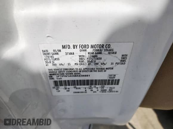 2008 Ford F-150 XLT with VIN 1FTPW14V08KE56881, listed as a Copart auction lot 71436695 with 232,916 mi miles and Clean title. Bid and sale history available at DreamBid. Image 12.