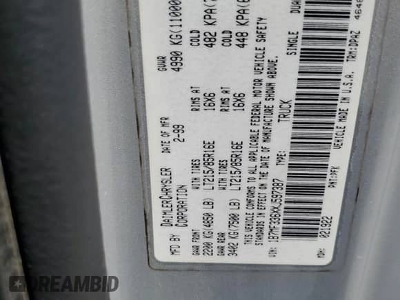 1999 Dodge 3500 z VIN 1B7MF336XXJ597387, wystawiony jako Copart lot #80560715 z przebiegiem 255 388 mil mil oraz Szkoda całkowita • Salvage title. Historia ofert i sprzedaży dostępna na DreamBid. Obrazek 12.