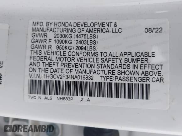 2022 Honda Accord Sport с VIN 1HGCV2F34NA016832, выставлен на аукционе IAAI как лот 41456829 с пробегом 34 019 миль миль и . История ставок и продаж доступна на DreamBid. Изображение 9.
