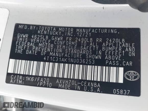 2022 Toyota Camry Hybrid LE with VIN 4T1C31AK1NU036253, listed as a IAAI auction lot 43313594 with 37,078 mi miles and . Bid and sale history available at DreamBid. Image 9.