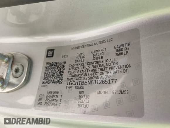 2018 Chevrolet Colorado 4WD Work Truck z VIN 1GCHTBEN5J1265177, wystawiony jako IAAI lot #42017849 z przebiegiem Nie podano mil oraz . Historia ofert i sprzedaży dostępna na DreamBid. Obrazek 9.