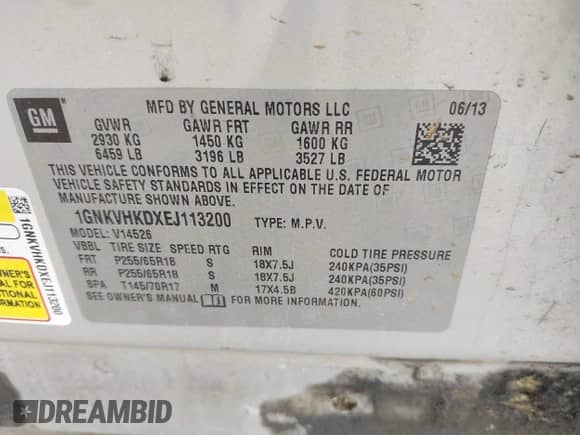 2014 Chevrolet Traverse LT с VIN 1GNKVHKDXEJ113200, выставлен на аукционе IAAI как лот 42275479 с пробегом 132 638 миль миль и . История ставок и продаж доступна на DreamBid. Изображение 9.