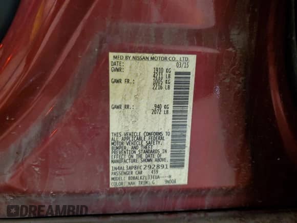 2015 Nissan Altima SV с VIN 1N4AL3AP8FC292891, выставлен на аукционе Copart как лот 54988305 с пробегом 176 661 миль миль и Списание • Salvage title. История ставок и продаж доступна на DreamBid. Изображение 12.