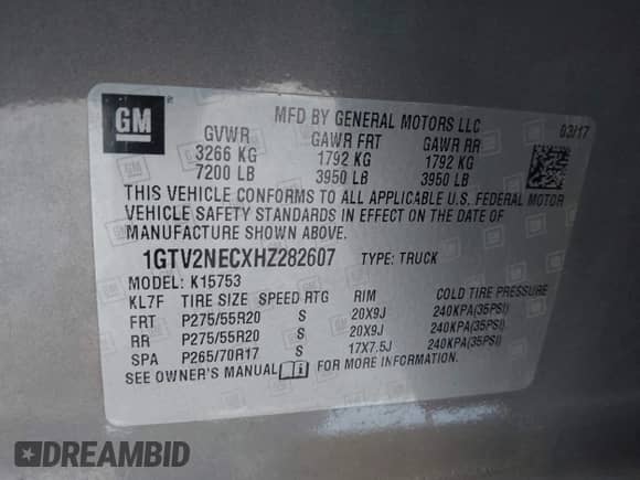 2017 GMC Sierra 1500 SLT with VIN 1GTV2NECXHZ282607, listed as a IAAI auction lot 42418586 with 120,661 mi miles and . Bid and sale history available at DreamBid. Image 9.