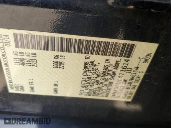 2014 Nissan Maxima SV with VIN 1N4AA5AP1EC471614, listed as a Copart auction lot 84806125 with 74,303 mi miles and Salvage title. Bid and sale history available at DreamBid. Image 12.