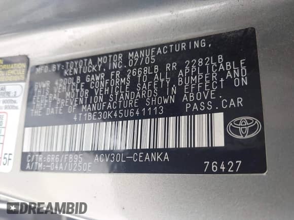 2005 Toyota Camry LE z VIN 4T1BE30K45U641113, wystawiony jako IAAI lot #43076182 z przebiegiem 199 467 mil mil oraz . Historia ofert i sprzedaży dostępna na DreamBid. Obrazek 9.