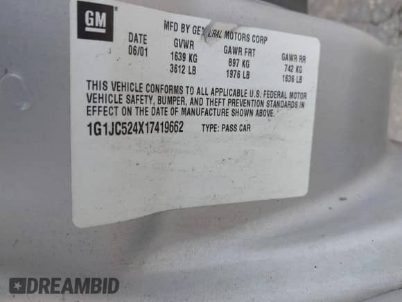 2001 Chevrolet Cavalier с VIN 1G1JC524X17419662, выставлен на аукционе IAAI как лот 42619563 с пробегом 115 449 миль миль и . История ставок и продаж доступна на DreamBid. Изображение 9.