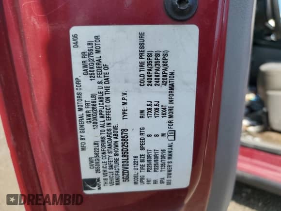 2005 Saturn Relay 2 with VIN 5GZDV03L85D258578, listed as a Copart auction lot 62556035 with 208,644 mi miles and Non repairable. Bid and sale history available at DreamBid. Image 13.