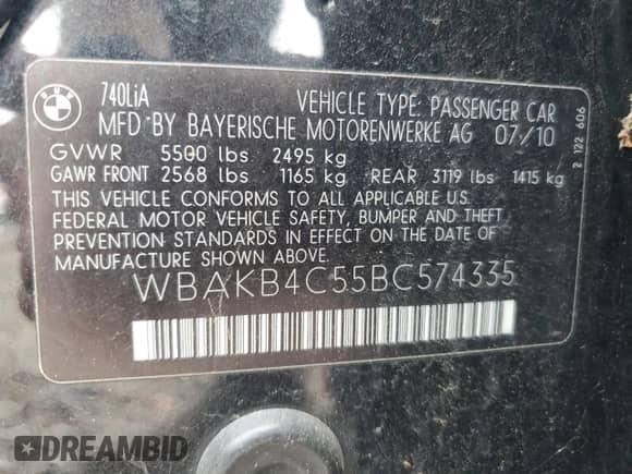 2011 BMW 7 Series 740Li with VIN WBAKB4C55BC574335, listed as a Copart auction lot 59947785 with 106,366 mi miles and Salvage title. Bid and sale history available at DreamBid. Image 13.