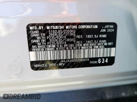 2024 Mitsubishi Outlander ES with VIN JA4J3UA85RZ080874, listed as a Copart auction lot 64064695 with 26,635 mi miles and Salvage title. Bid and sale history available at DreamBid. Image 13.