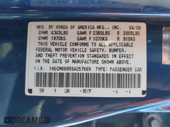 2006 Honda Accord EX-L z VIN 1HGCM66856A057669, wystawiony jako Copart lot #66043905 z przebiegiem 285 425 mil mil oraz Szkoda całkowita • Salvage title. Historia ofert i sprzedaży dostępna na DreamBid. Obrazek 13.