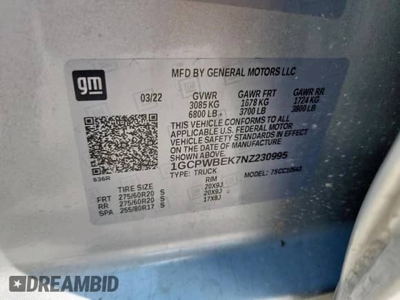 2022 Chevrolet Silverado 1500 Custom with VIN 1GCPWBEK7NZ230995, listed as a Copart auction lot 80753555 with 93,891 mi miles and Salvage title. Bid and sale history available at DreamBid. Image 12.
