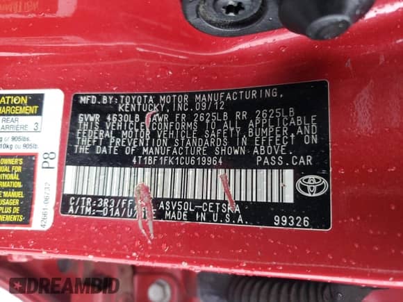 2012 Toyota Camry SE z VIN 4T1BF1FK1CU619964, wystawiony jako Copart lot #84442275 z przebiegiem 126 311 mil mil oraz Szkoda całkowita • Salvage title. Historia ofert i sprzedaży dostępna na DreamBid. Obrazek 12.