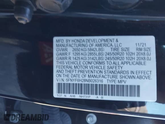 2022 Honda Pilot Special Edition z VIN 5FNYF6H28NB026316, wystawiony jako IAAI lot #43414443 z przebiegiem 41 281 mil mil oraz . Historia ofert i sprzedaży dostępna na DreamBid. Obrazek 9.