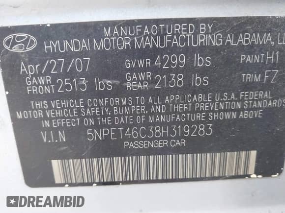 2008 Hyundai Sonata GLS with VIN 5NPET46C38H319283, listed as a IAAI auction lot 43554655 with 233,717 mi miles and . Bid and sale history available at DreamBid. Image 9.