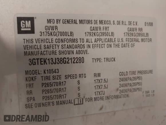 2008 GMC Sierra 1500 SLE1 with VIN 3GTEK13J38G212280, listed as a IAAI auction lot 41499750 with 196,175 mi miles and . Bid and sale history available at DreamBid. Image 9.