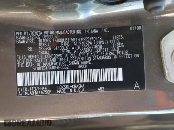 2008 Toyota Tundra z VIN 5TBBT54148S460652, wystawiony jako Copart lot #86623415 z przebiegiem 125 929 mil mil oraz Szkoda całkowita • Salvage title. Historia ofert i sprzedaży dostępna na DreamBid. Obrazek 12.