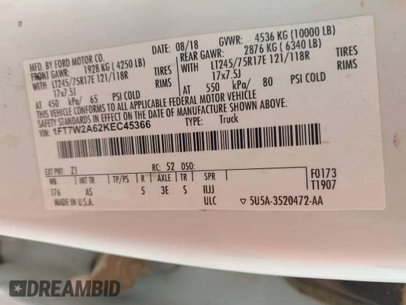 2019 Ford F-250 XL z VIN 1FT7W2A62KEC45366, wystawiony jako IAAI lot #42549198 z przebiegiem 111 729 mil mil oraz . Historia ofert i sprzedaży dostępna na DreamBid. Obrazek 8.