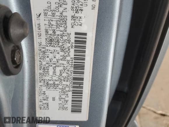 2004 Toyota Sienna XLE z VIN 5TDZA22CX4S194448, wystawiony jako Copart lot #56755535 z przebiegiem 102 504 mil mil oraz Czysty tytuł • Clean title. Historia ofert i sprzedaży dostępna na DreamBid. Obrazek 13.