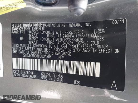 2012 Toyota Sienna LE with VIN 5TDJK3DC8CS031308, listed as a IAAI auction lot 42237136 with 257,129 mi miles and . Bid and sale history available at DreamBid. Image 9.