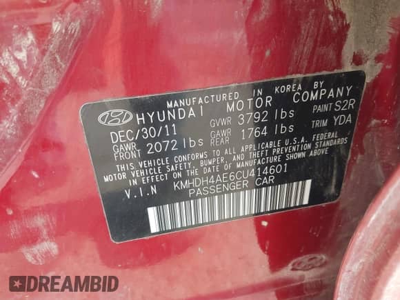 2012 Hyundai Elantra GLS с VIN KMHDH4AE6CU414601, выставлен на аукционе IAAI как лот 42969680 с пробегом 221 592 миль миль и . История ставок и продаж доступна на DreamBid. Изображение 9.