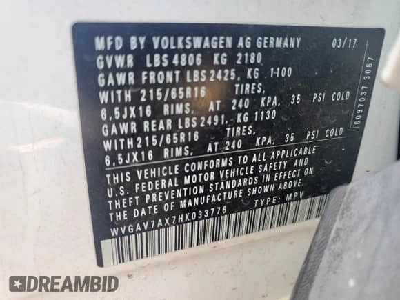 2017 Volkswagen Tiguan S с VIN WVGAV7AX7HK033776, выставлен на аукционе Copart как лот 70496165 с пробегом 74 367 миль миль и Списание • Salvage title. История ставок и продаж доступна на DreamBid. Изображение 13.