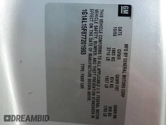 2007 Chevrolet Cobalt LT с VIN 1G1AL15F877201993, выставлен на аукционе Copart как лот 81360815 с пробегом 144 295 миль миль и Списание • Salvage title. История ставок и продаж доступна на DreamBid. Изображение 12.