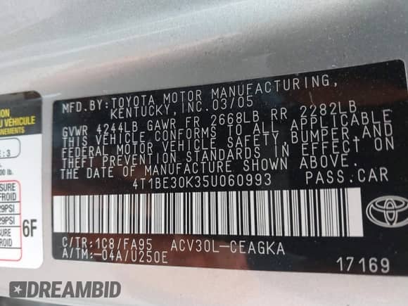2005 Toyota Camry LE with VIN 4T1BE30K35U060993, listed as a IAAI auction lot 42773927 with 117,501 mi miles and . Bid and sale history available at DreamBid. Image 9.